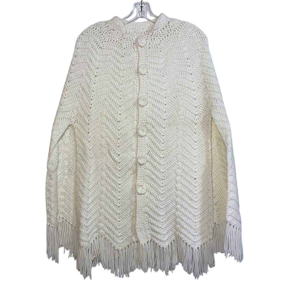 Vintage Handmade Crochet Poncho Cape Fringe Boho Ivory Sweater
